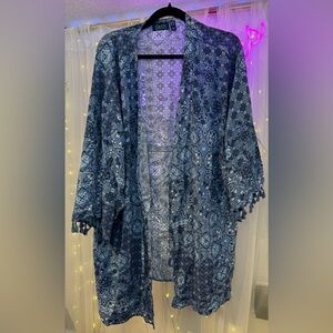 D & Co Beach Blue Floral Kimono Swim Cover Up Size 1X New